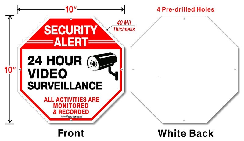 Faittoo Video Surveillance Sign, 4 Pack 10 x 10 Rust Free .040 Aluminum Security Warning Reflective Metal Signs, Indoor or Outdoor Use for Home Business CCTV Security Camera, UV Protected & Waterproof - Image 2